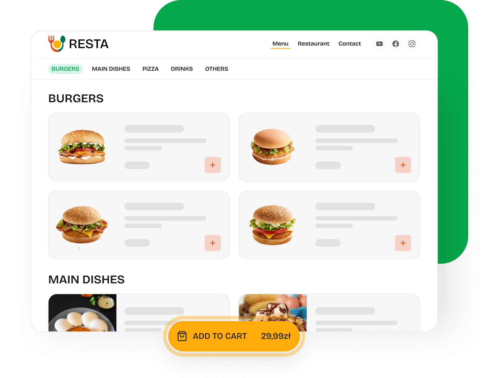 Ordering application with burger menu