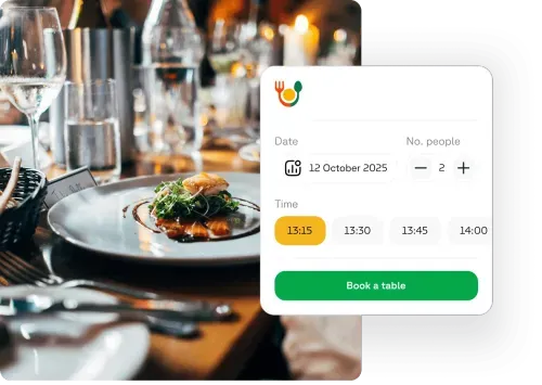 Table reservation system screenshot, with photo of dish with food