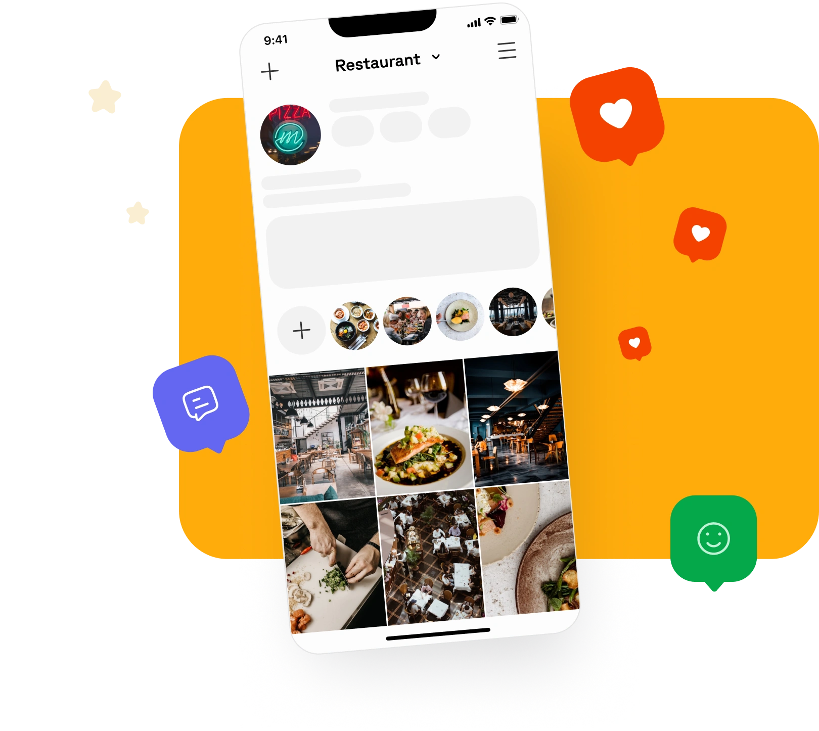 Social media application on yellow background, likes, emot's etc.