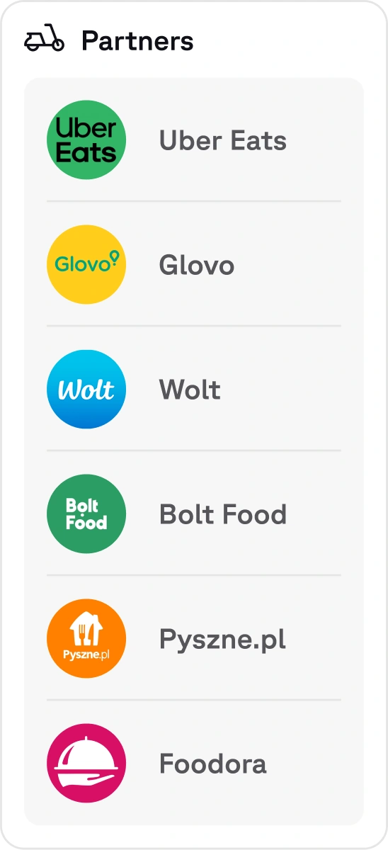 Partners list, glovo, wolt etc..