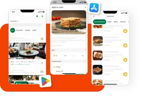 Screenshot of mobile app, google play and apple store icons