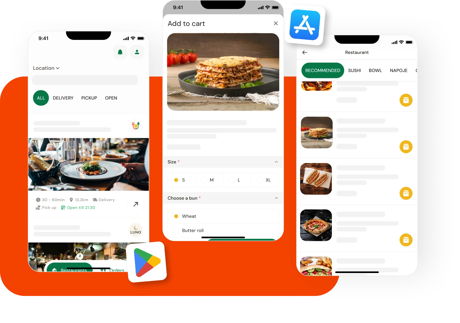 Screenshot of mobile app, google play and apple store icons