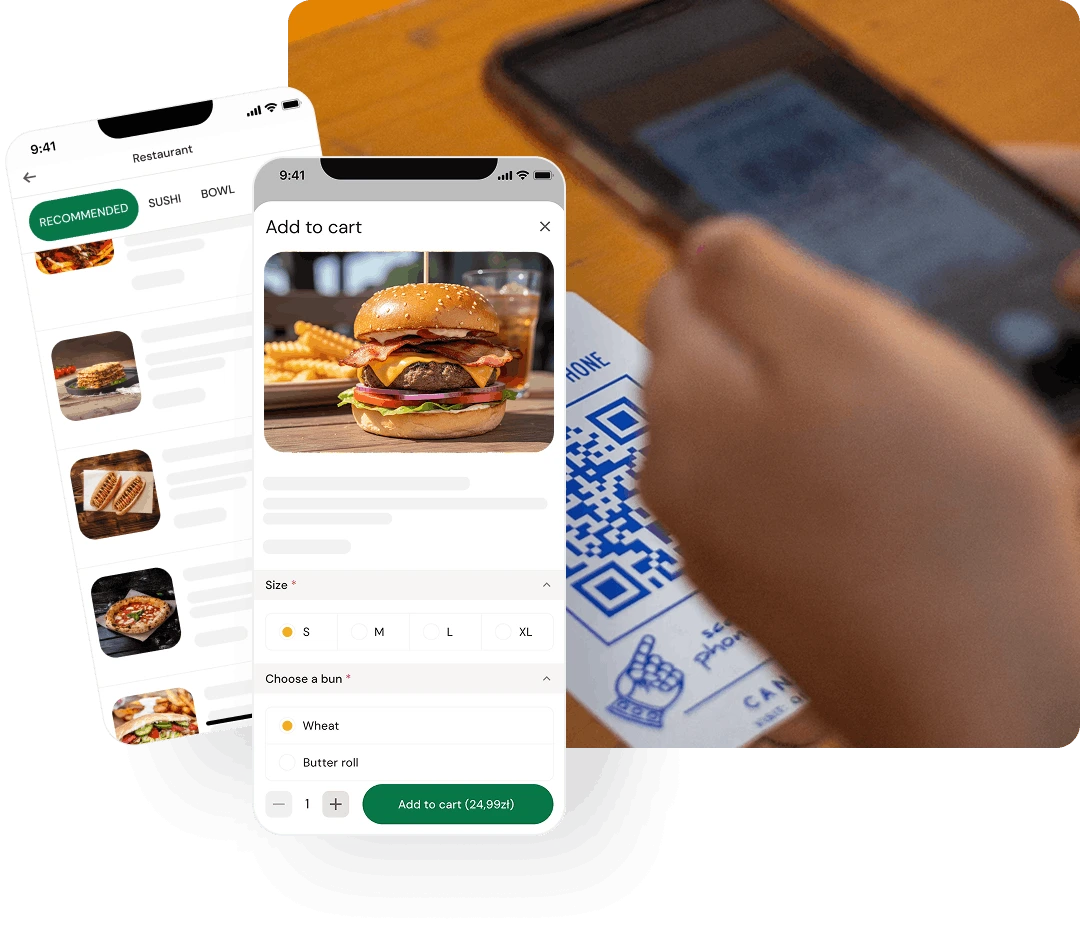 QR menu on table scanned by mobile phone