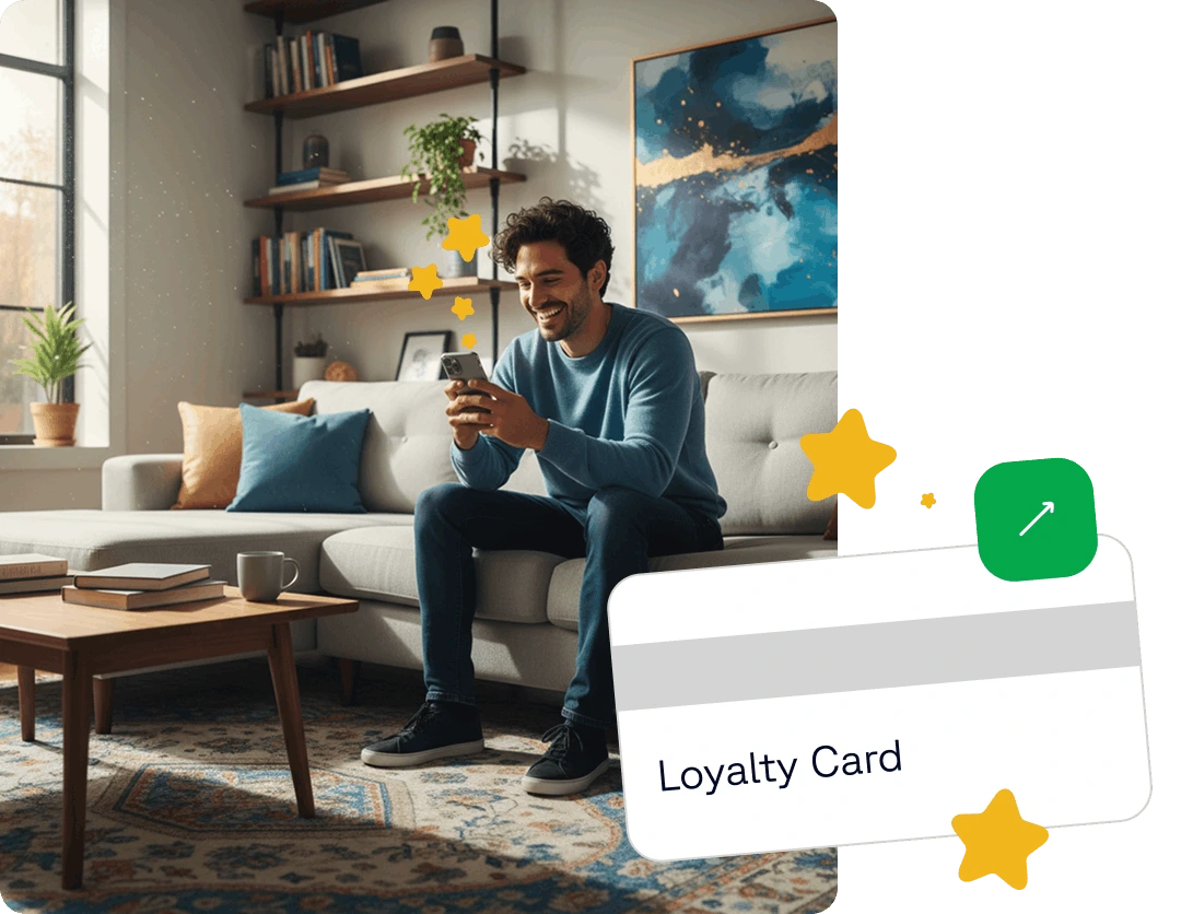 Man on couch with mobile phone having fun from loyalty card