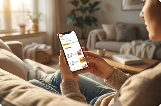 Woman at home on couch, ordering food via mobile app