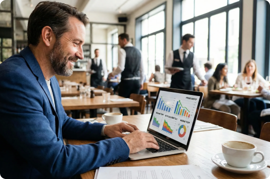 Man with laptop in restaurant, checking charts reports.