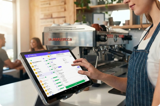 Restaurant, woman handles order with Restimo tablet