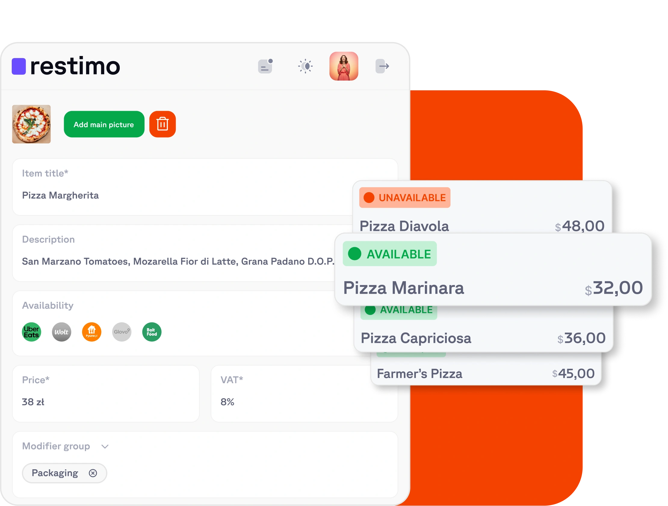 Restimo menu application screenshot, including prices etc