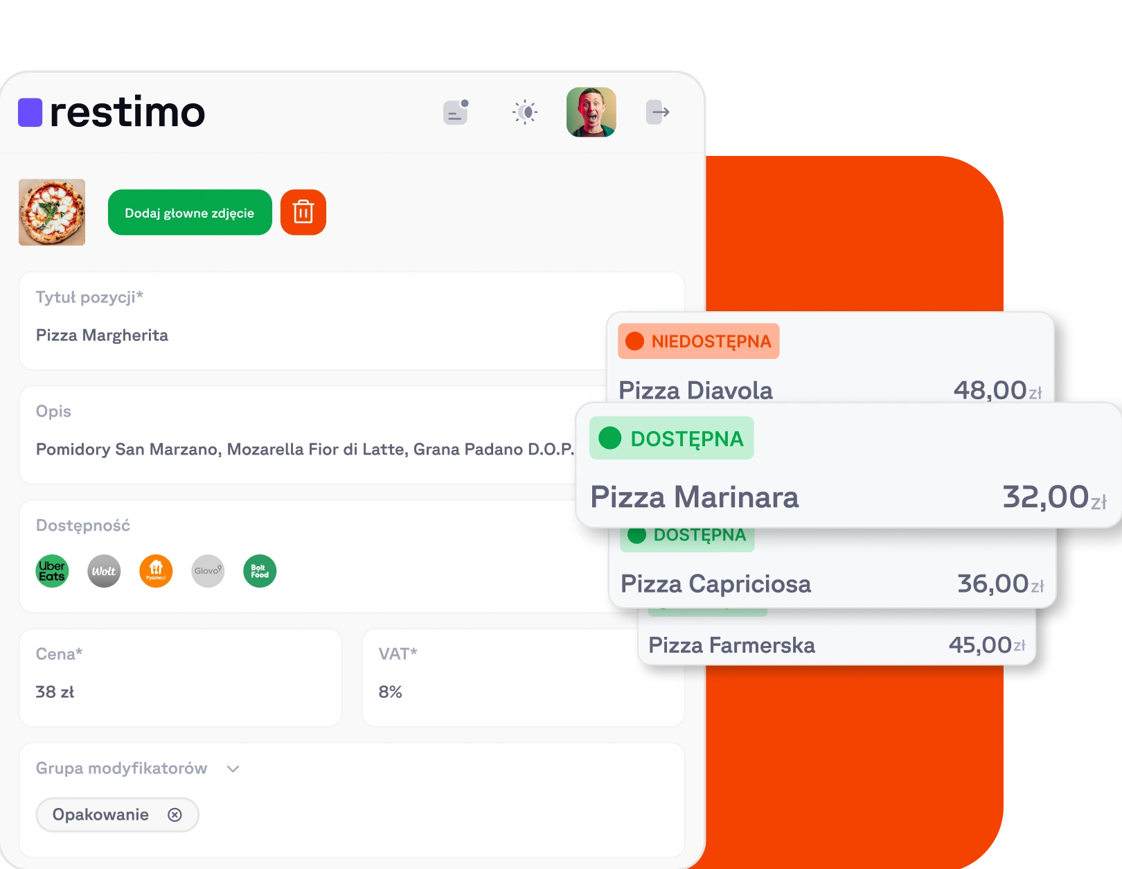 Synchronizacja menu, panel produktów z cenami