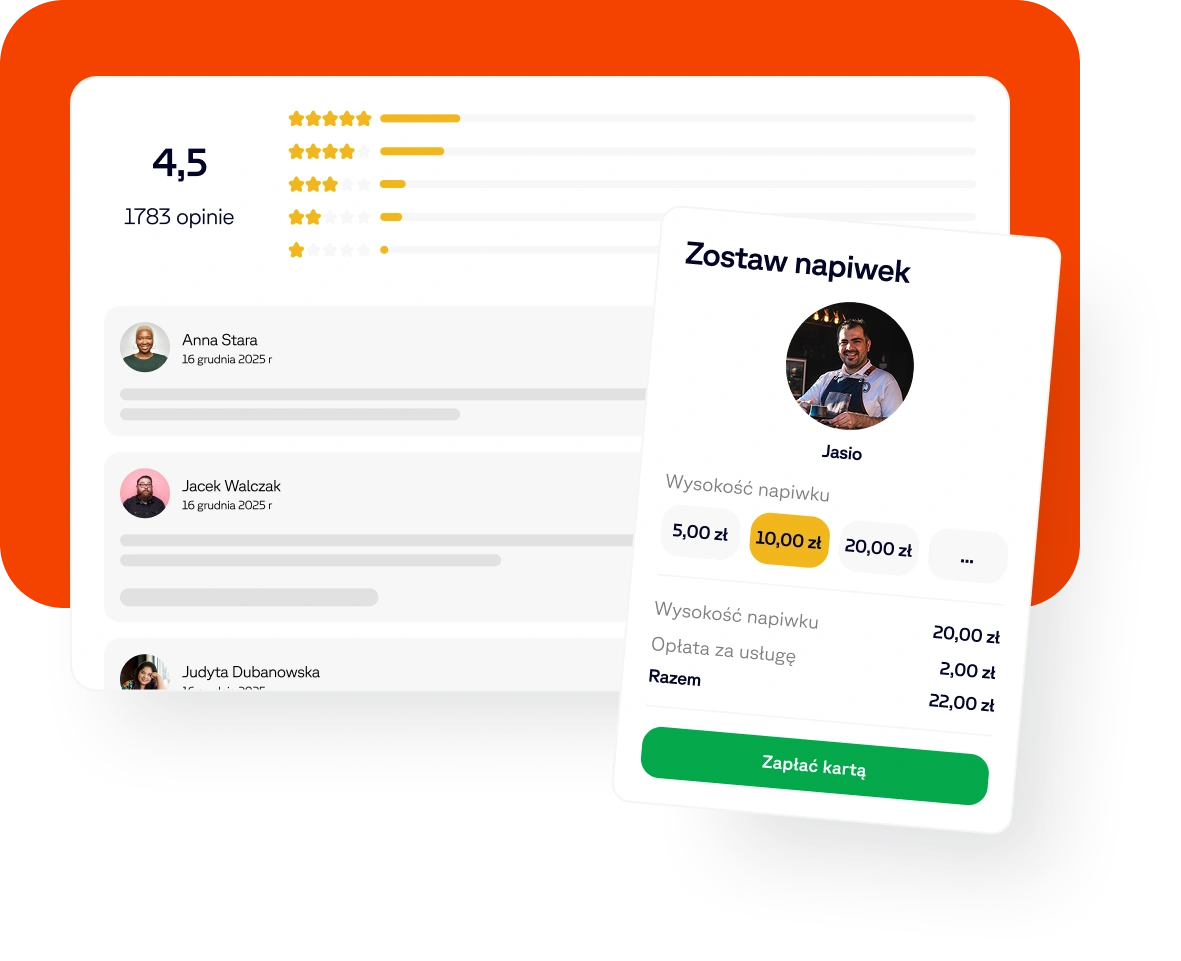 Zrzut aplikacji zostawiania opinii o restauracji i zostawiania napiwków