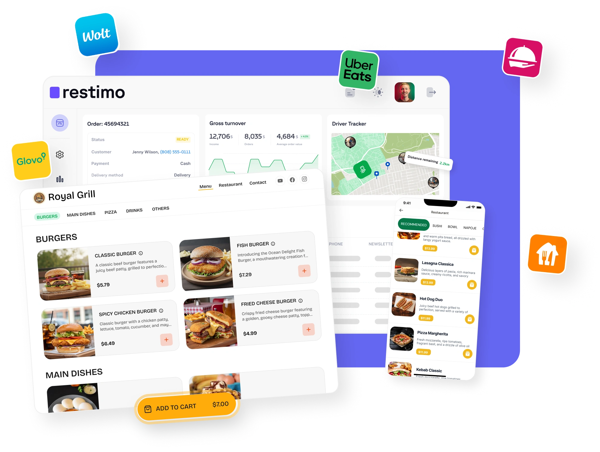Multiple applications by Restimo on purple background, Glovo, Uber Eats, Wolt icons