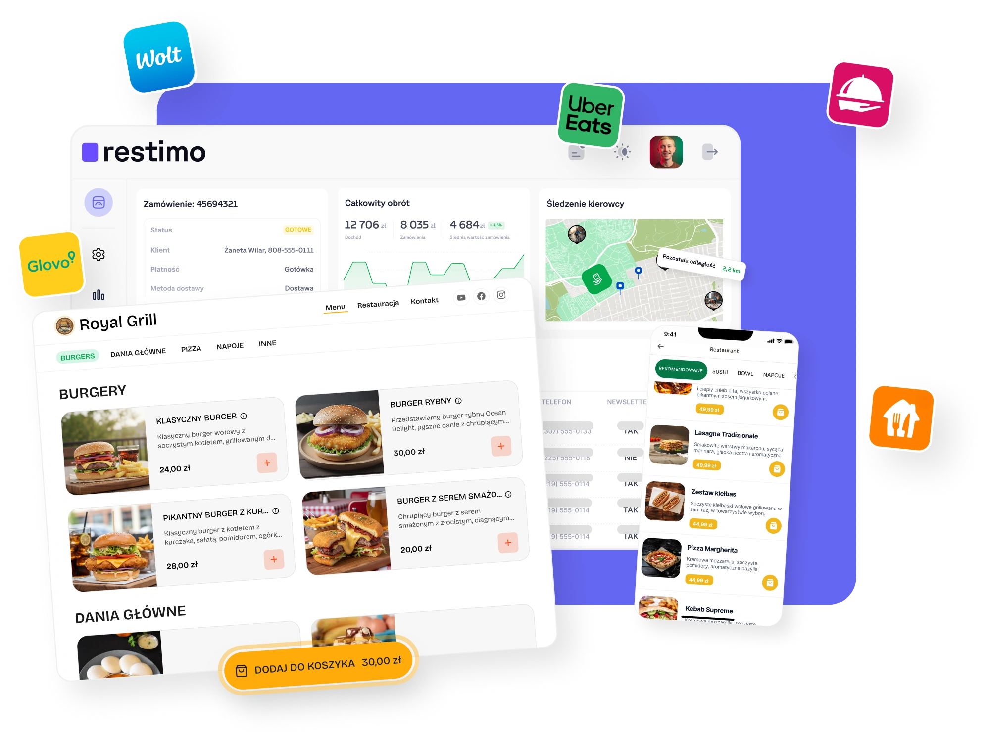 Okna wielu aplikacji Restimo, na fioletowym tle, ikony dostawców usług