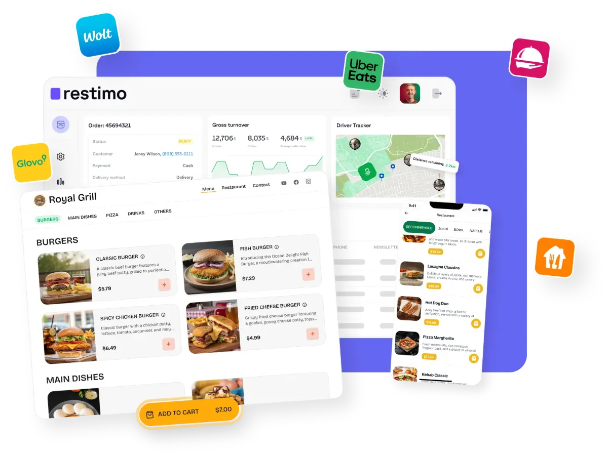 Multiple applications by Restimo on purple background, Glovo, Uber Eats, Wolt icons