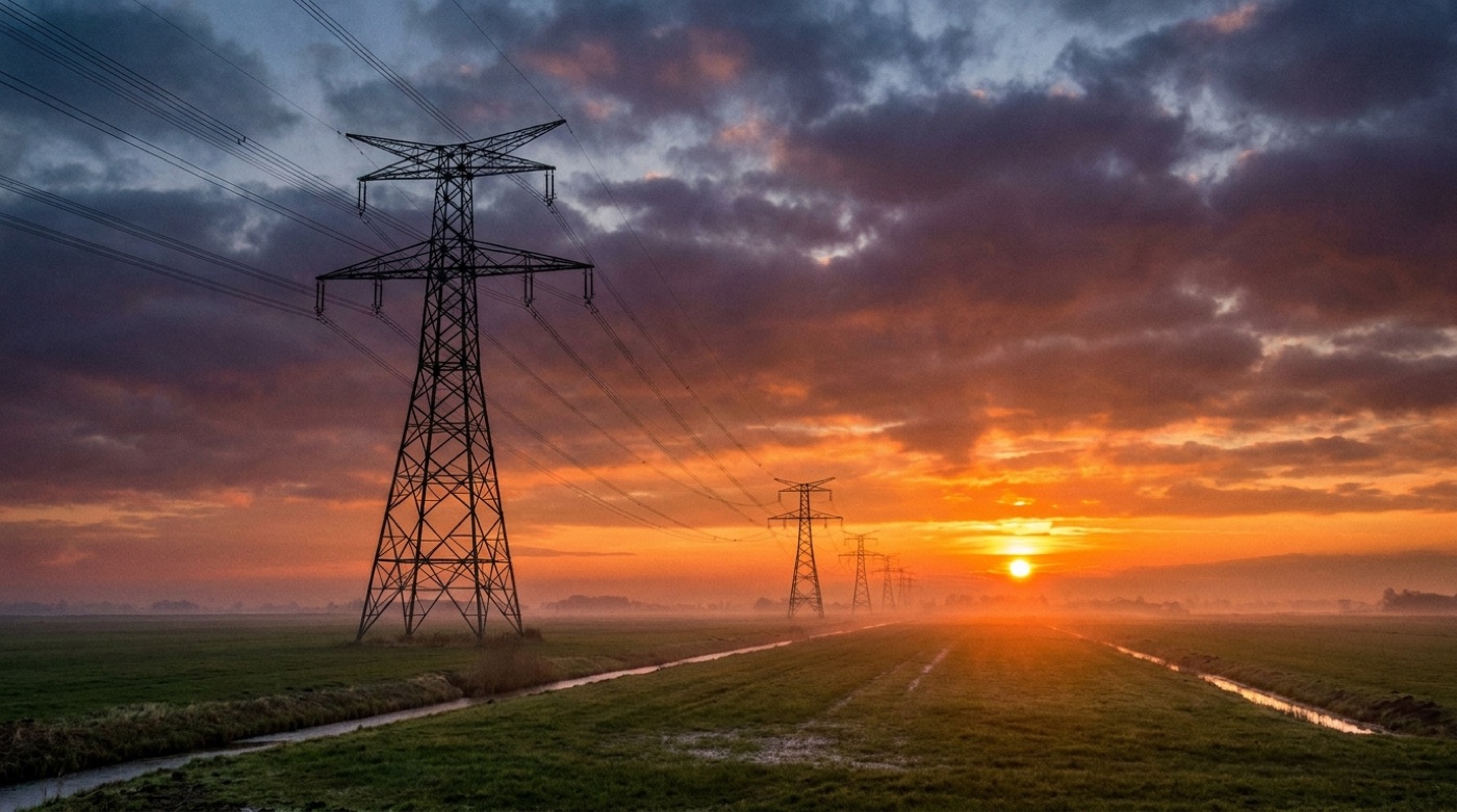 Hoogspanningsmasten in het Nederlandse polderlandschap bij zonsondergang