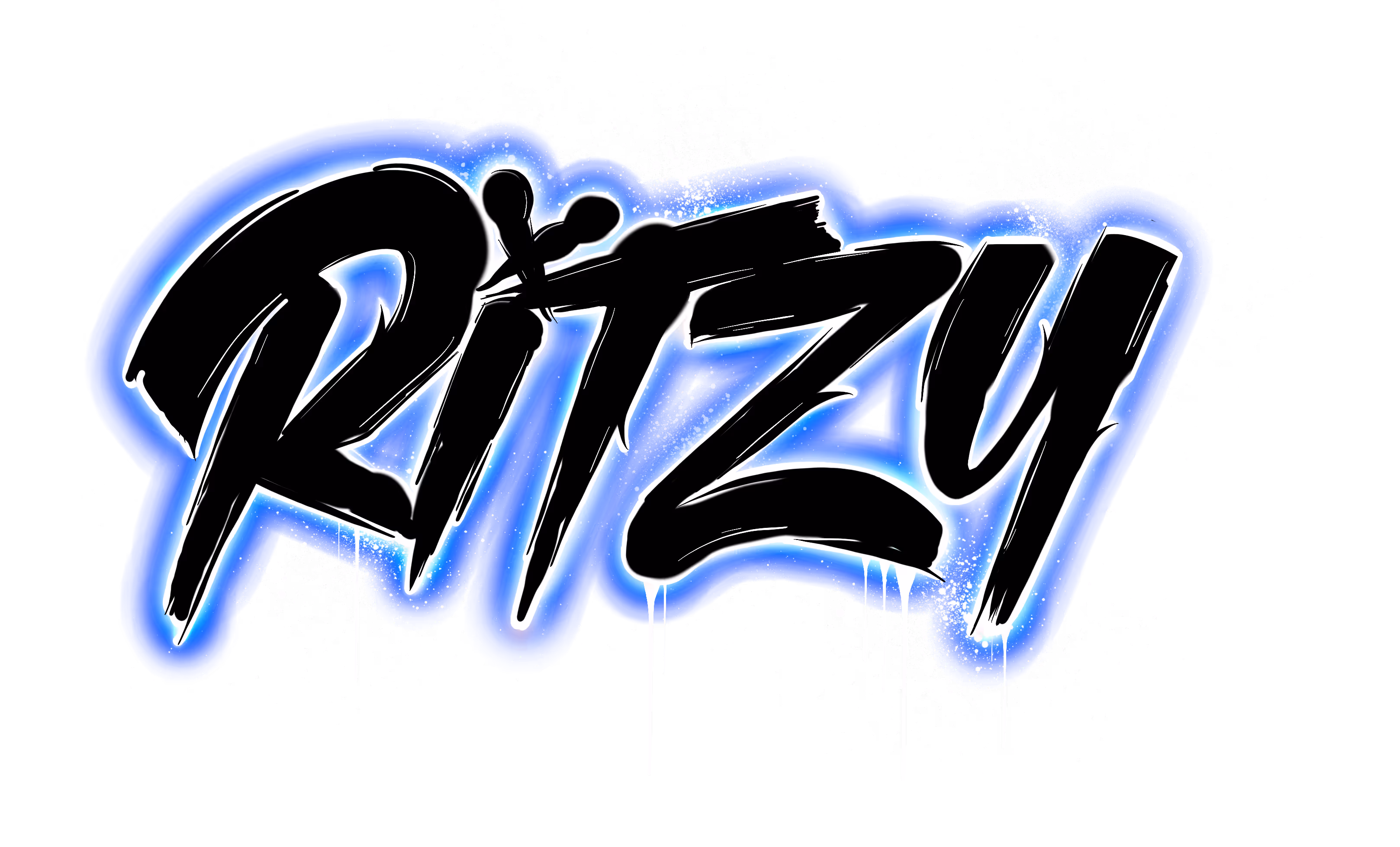 Ritzy graffiti-style text with black letters outlined in white and blue glow on a black background.
