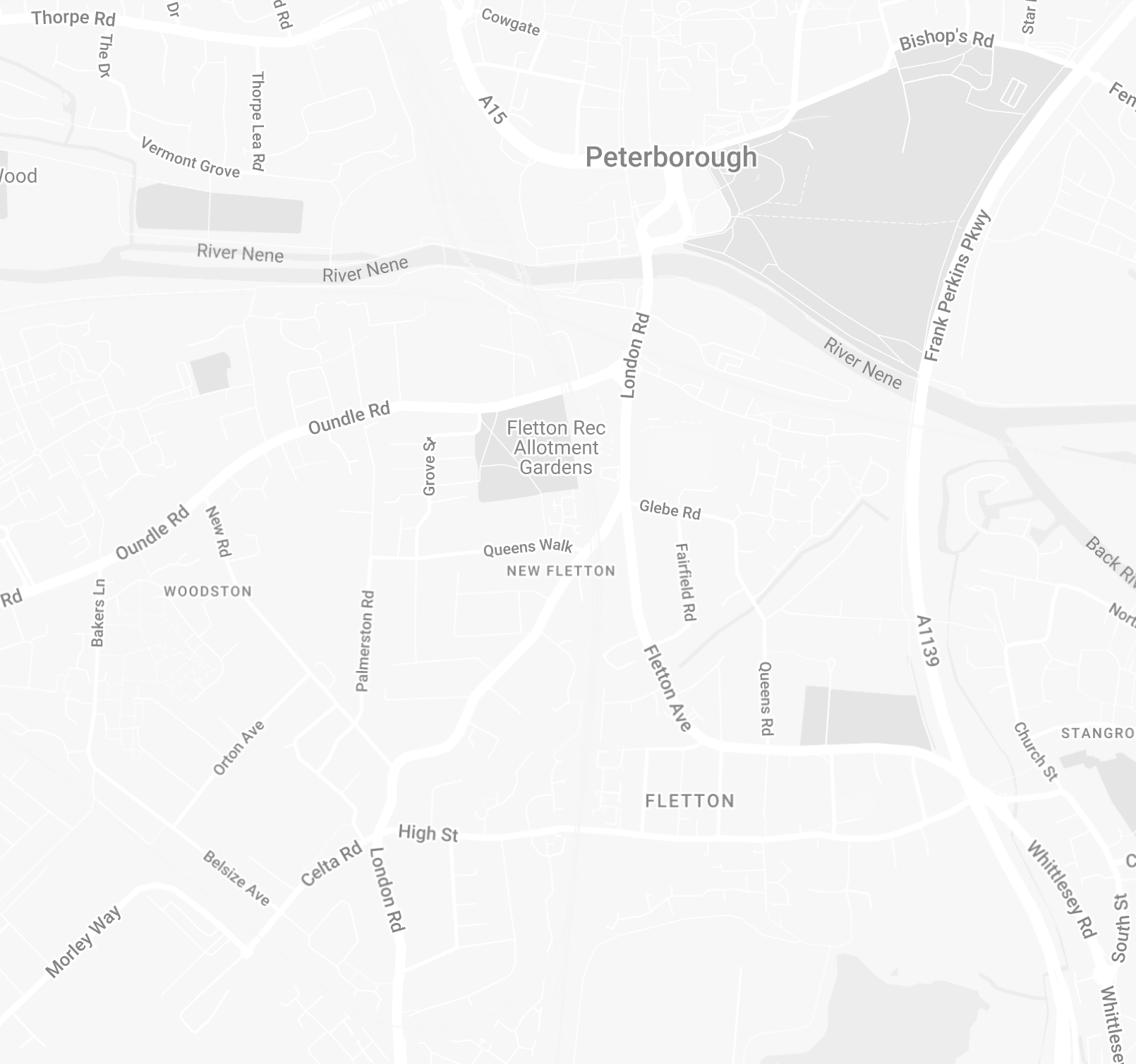 Map showing Peterborough with labeled roads including River Nene, London Rd, Oundle Rd, and Fletton Ave around the Fletton and New Fletton areas.