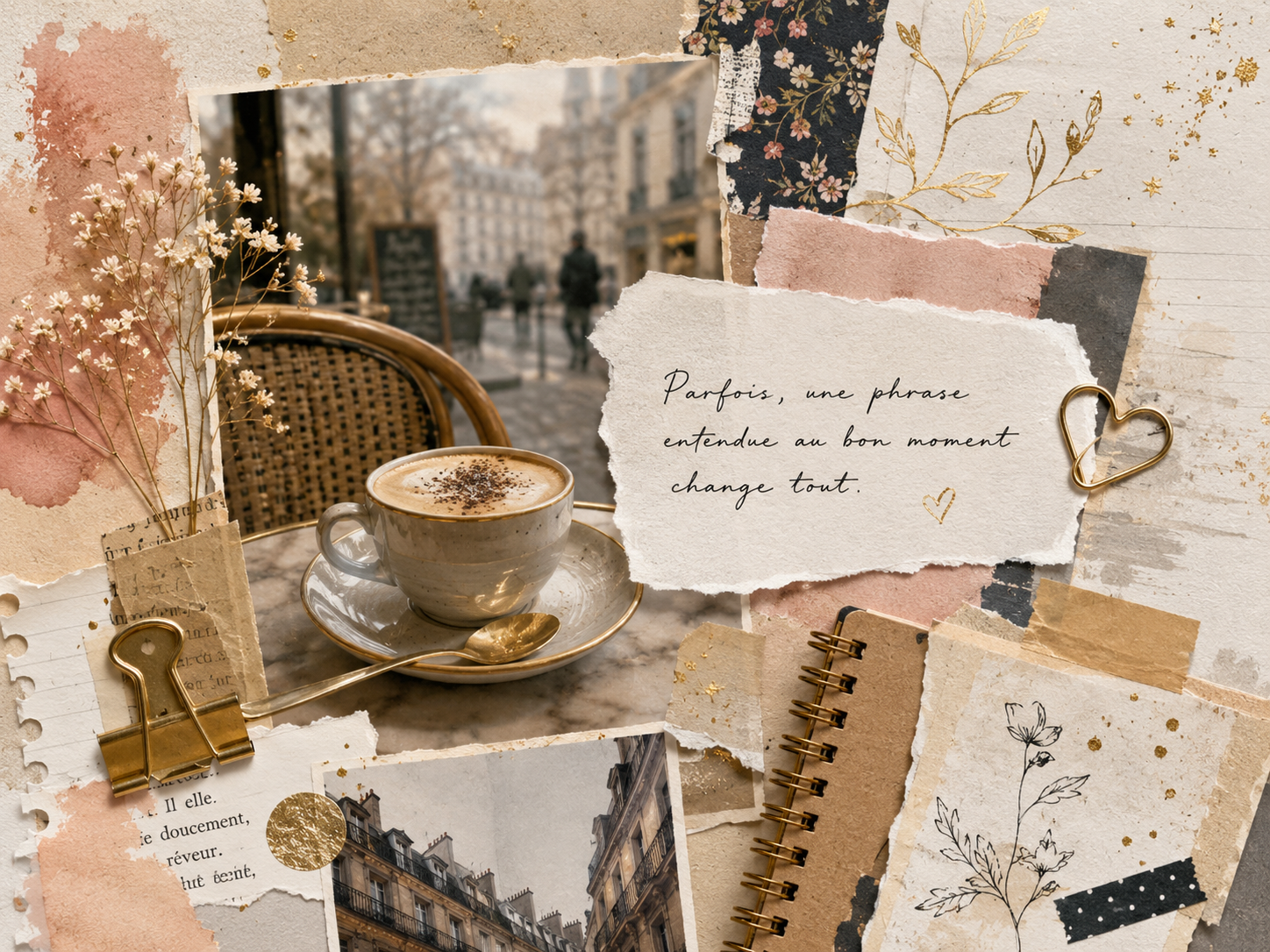 Illustration scrapbooking premium avec tasse de café, carnet, papiers anciens, fleurs séchées et citation manuscrite « Parfois, une phrase entendue au bon moment change tout », évoquant un signe discret de l’univers dans une scène quotidienne.