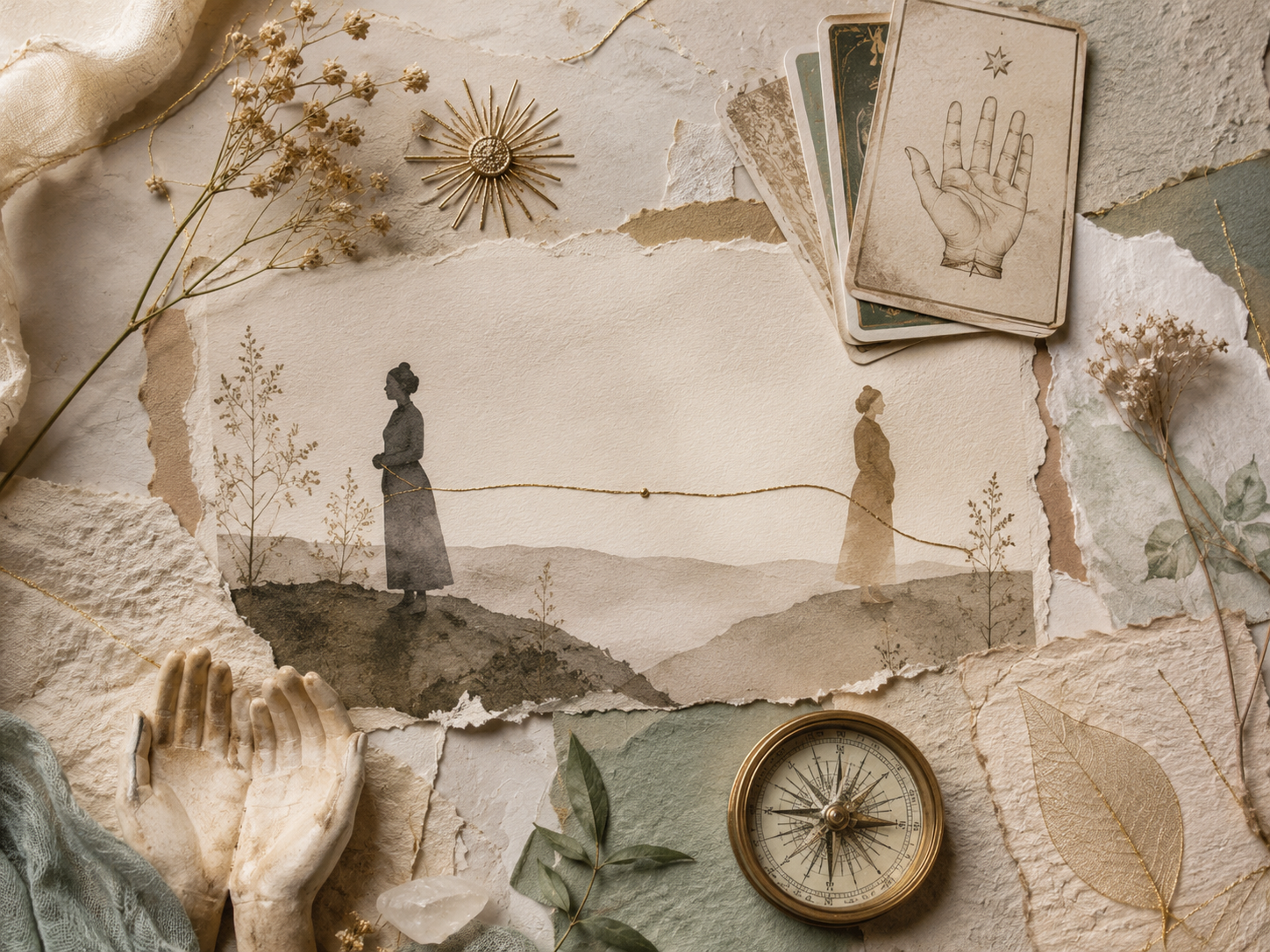 Illustration scrapbooking symbolique avec deux silhouettes reliées par un fil doré, mains ouvertes, cartes, boussole, fleurs séchées et papiers anciens, évoquant une présence juste sans porter à la place de l’autre.