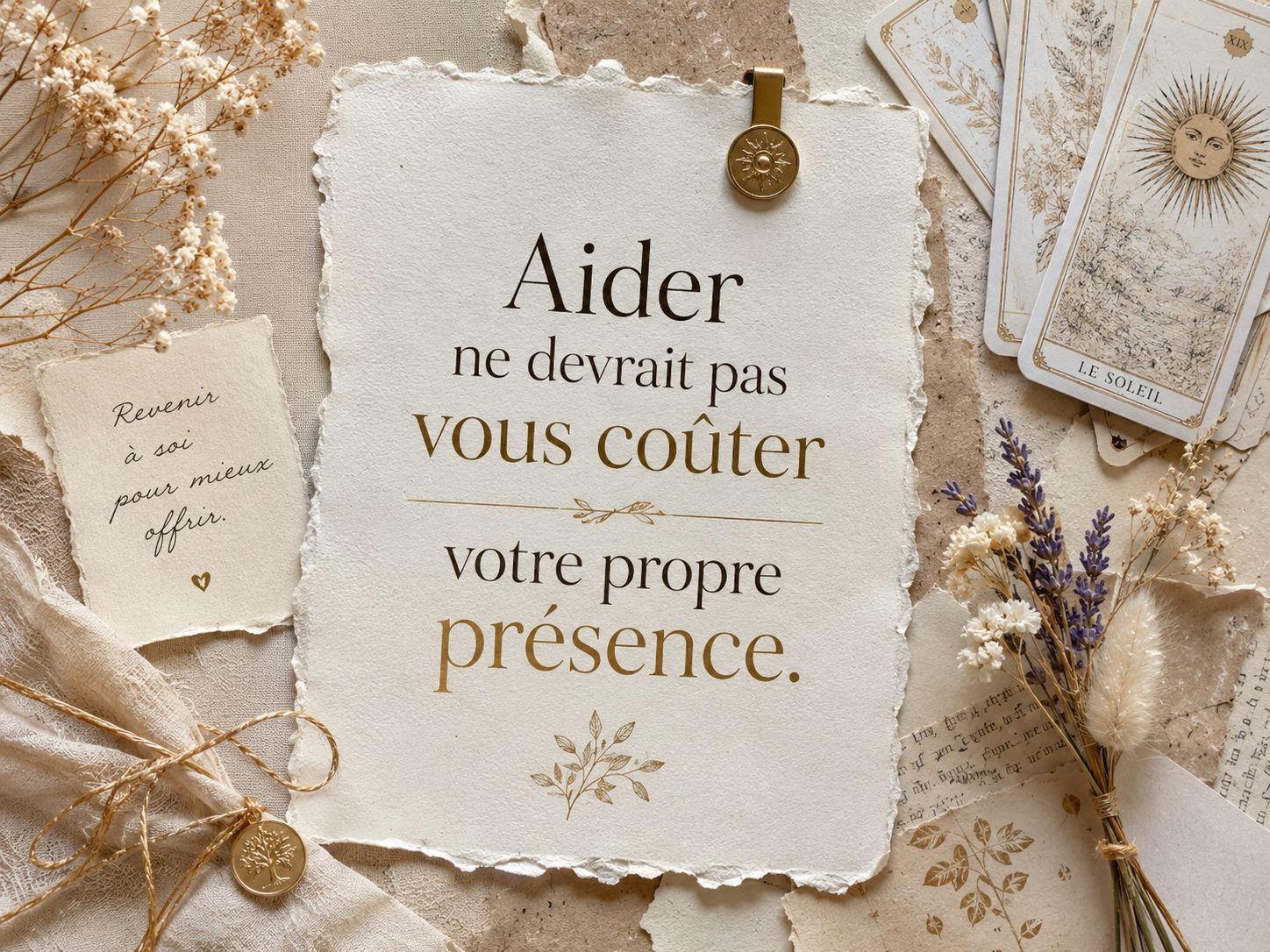 Citation visuelle en style scrapbooking : « Aider ne devrait pas vous coûter votre propre présence », entourée de cartes, fleurs séchées, papiers anciens et lumière douce.