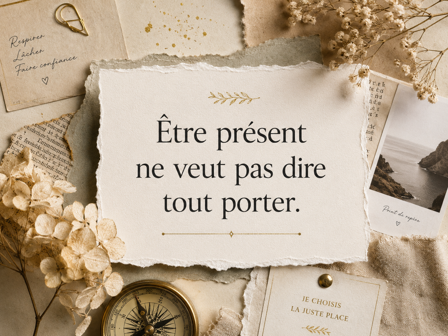 Citation visuelle en style scrapbooking : « Être présent ne veut pas dire tout porter », sur papier ancien entouré de fleurs séchées, boussole, dentelle et éléments symboliques.