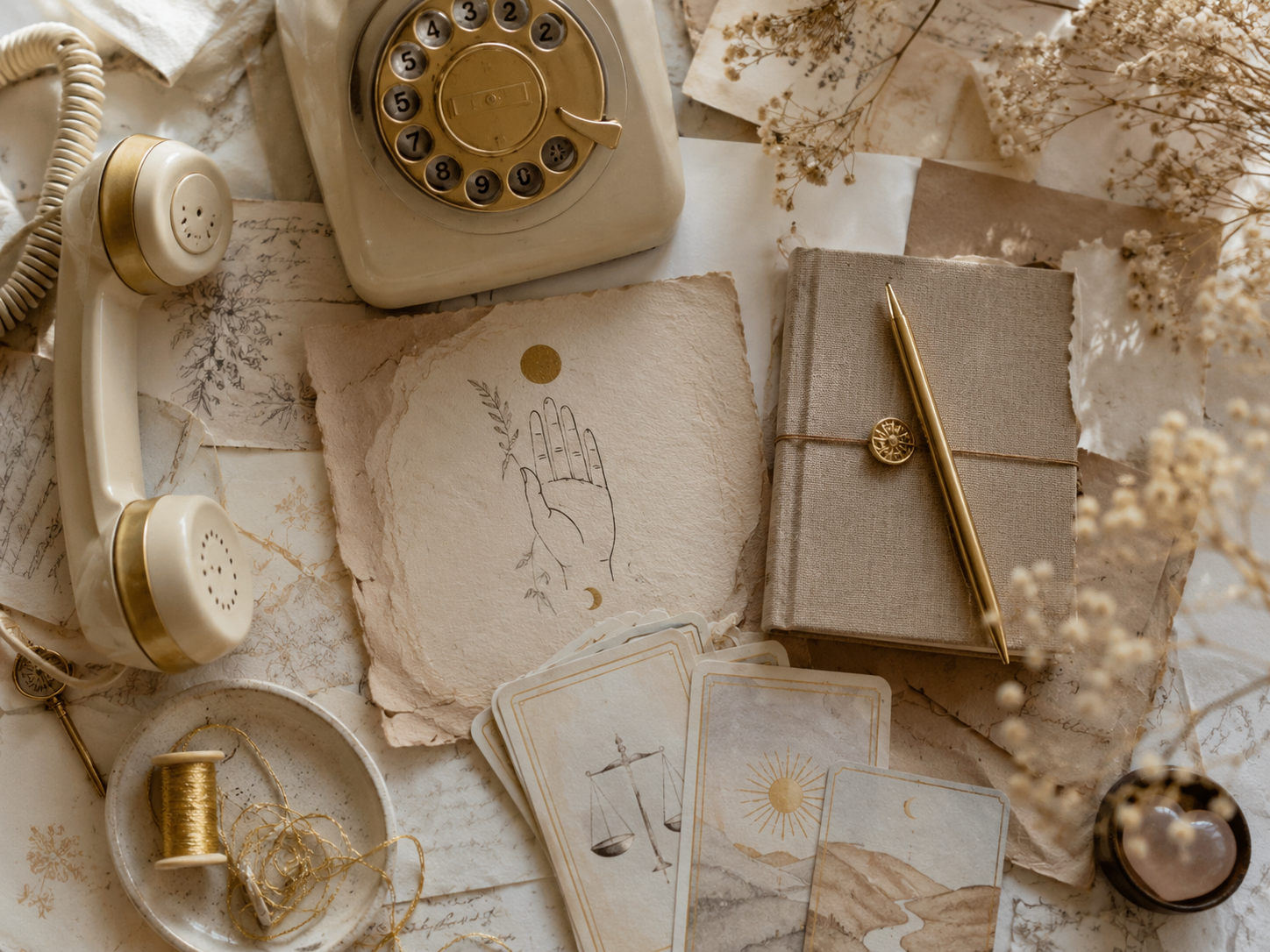 Illustration scrapbooking sans texte avec téléphone ancien, carnet, cartes, fil doré, fleurs séchées et objets symboliques, évoquant un appel émotionnel qui demande un positionnement juste.