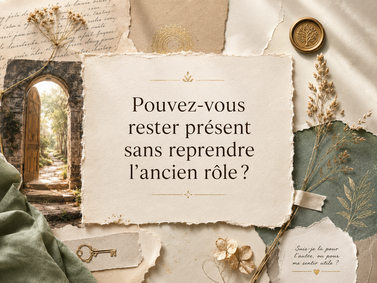 Question visuelle en style scrapbooking : « Pouvez-vous rester présent sans reprendre l’ancien rôle ? », avec porte ouverte, clé, fleurs séchées, papiers anciens et lumière douce.