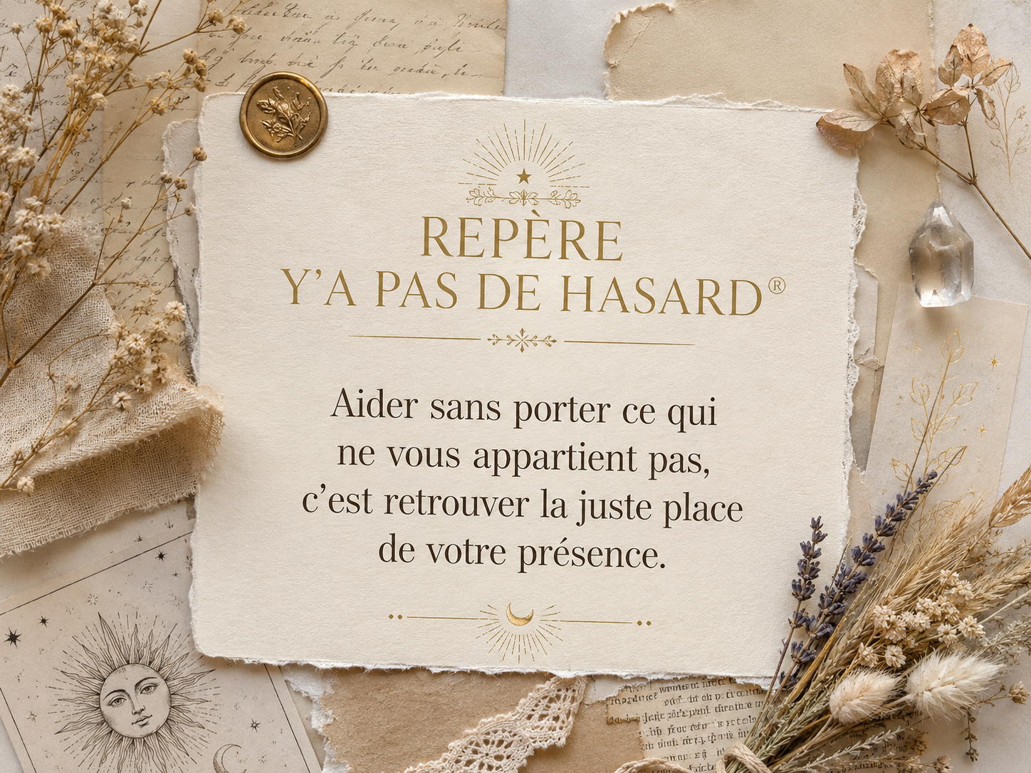 Repère Y’a pas de hasard® en style scrapbooking : « Aider sans porter ce qui ne vous appartient pas, c’est retrouver la juste place de votre présence », avec papier texturé, fleurs séchées, cristal et détails dorés.