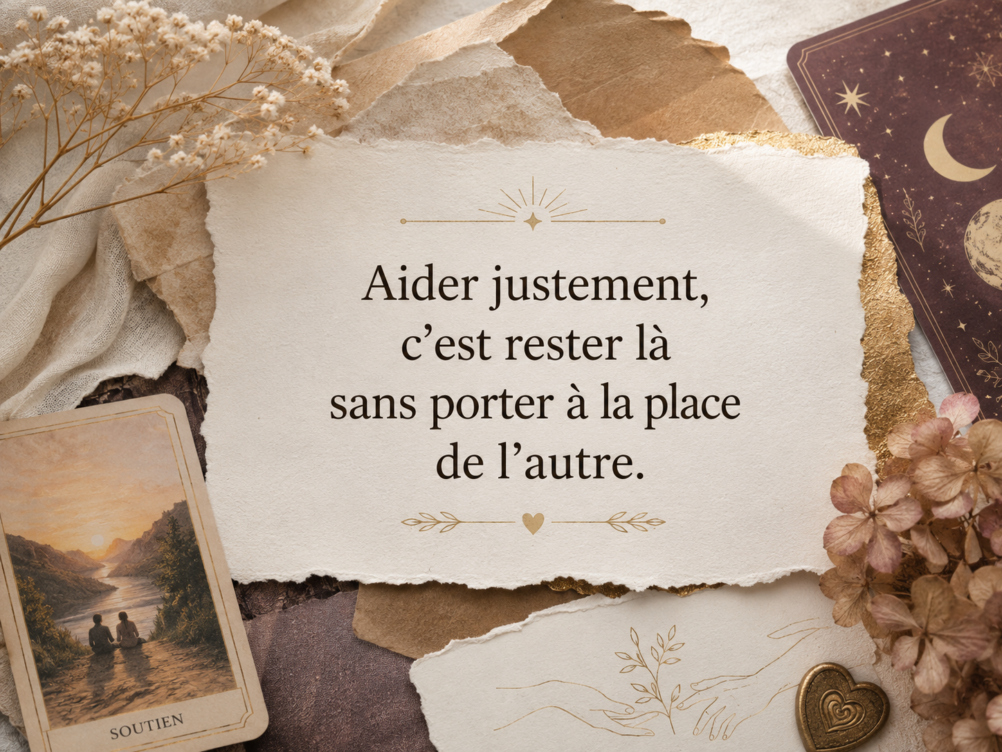 Citation visuelle en style scrapbooking : « Aider justement, c’est rester là sans porter à la place de l’autre », avec carte symbolique, fleurs anciennes, papier déchiré et lumière apaisée.