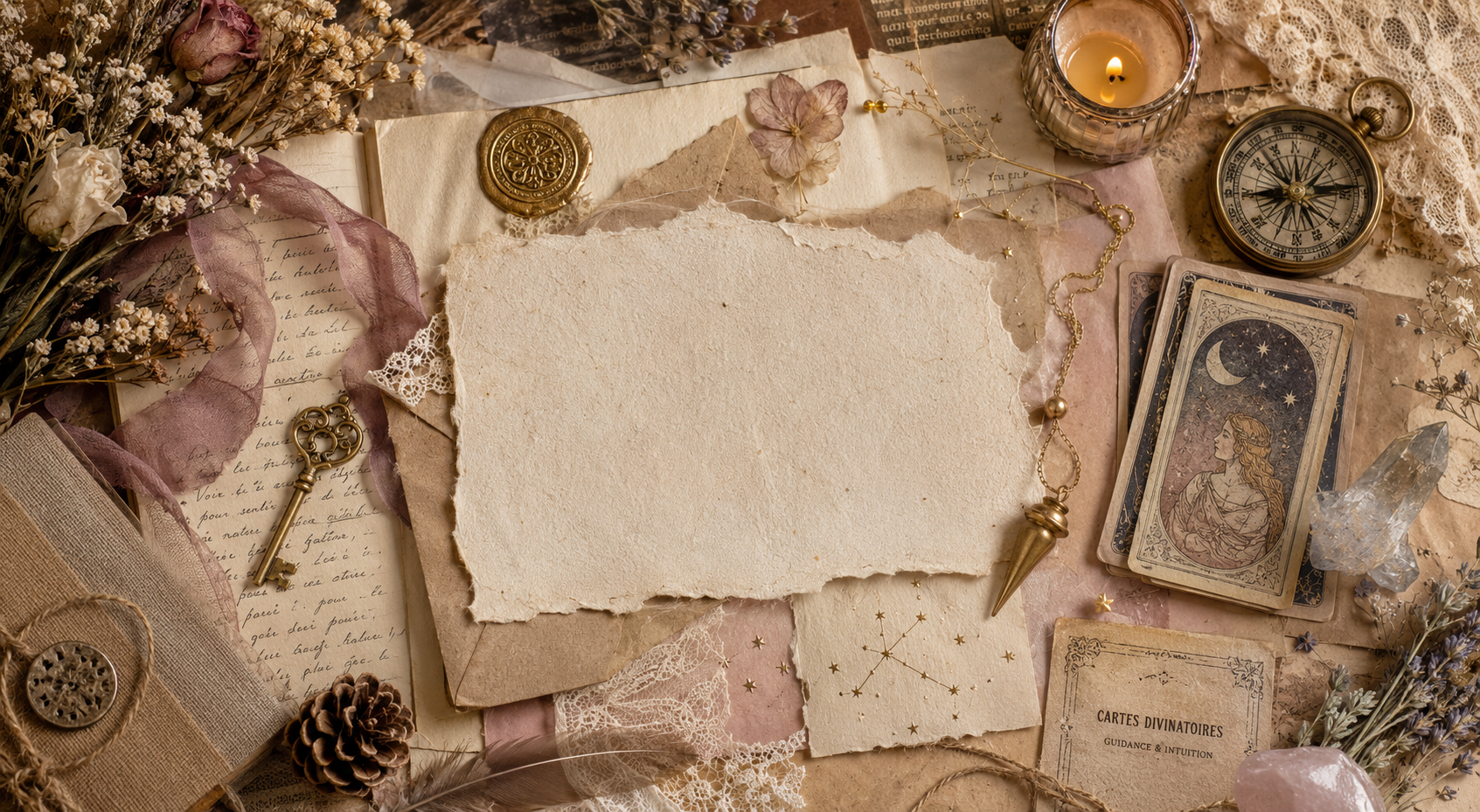 Illustration scrapbooking premium avec boussole, papiers anciens, fleurs séchées, carte, lune, fil doré et lumière douce, évoquant le hasard comme première forme d’un message de l’univers.