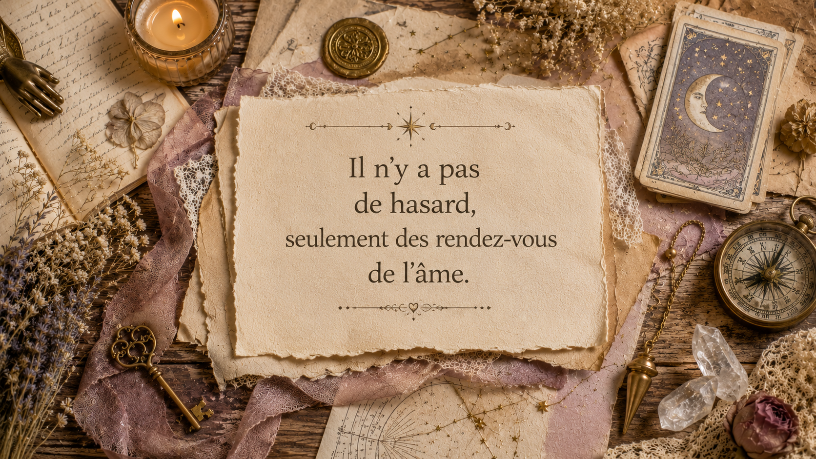 Citation visuelle en style scrapbooking : « Il n’y a pas de hasard, seulement des rendez-vous d’âme », avec papiers anciens, dorure discrète et éléments célestes.