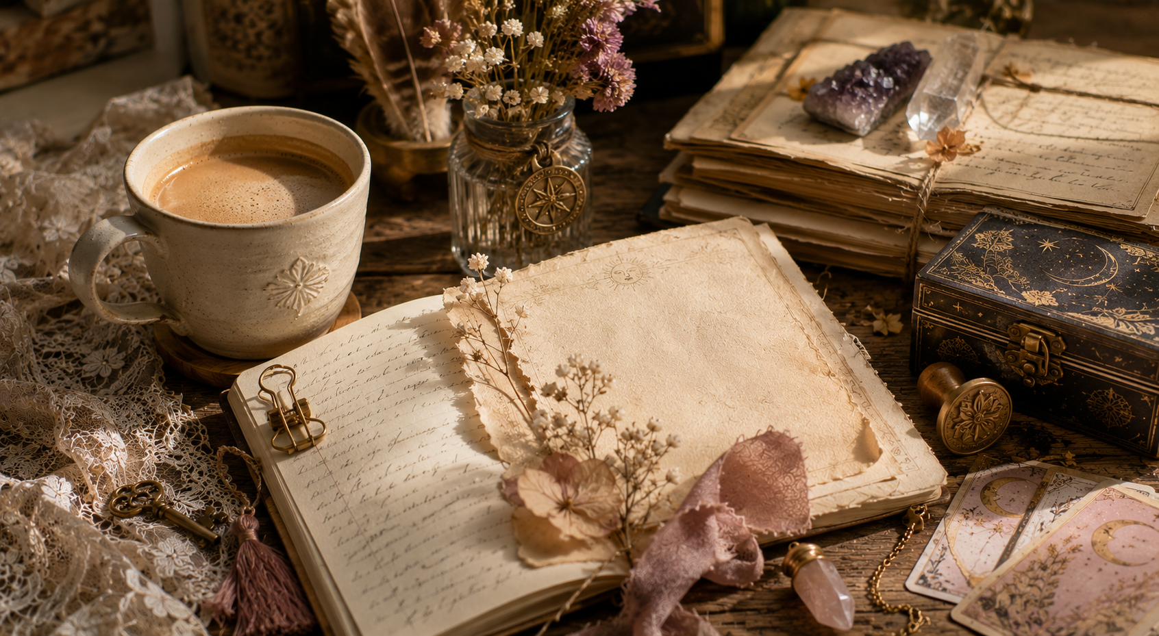 Illustration scrapbooking sans texte avec tasse de café, carnet, fleur séchée, papier ancien et lumière douce, évoquant une phrase entendue au bon moment.