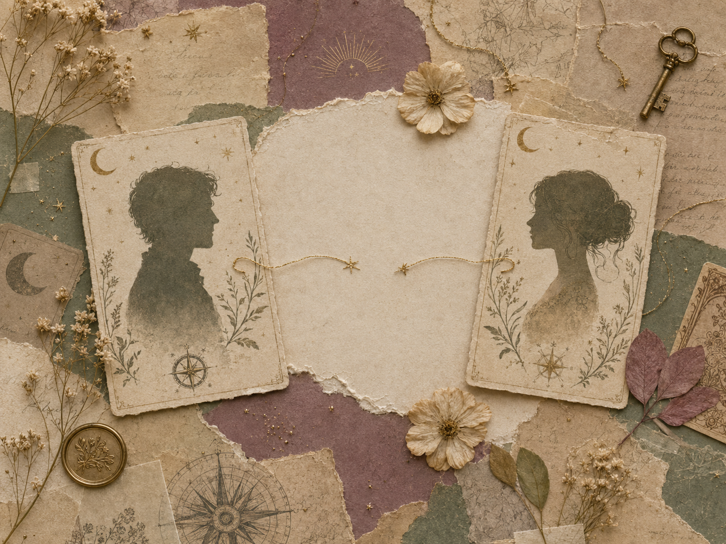 Illustration scrapbooking sans texte avec deux cartes représentant deux silhouettes séparées, fil doré suspendu, fleurs séchées, lune, clé et papiers anciens, évoquant une relation en attente lue par guidance et voyance.