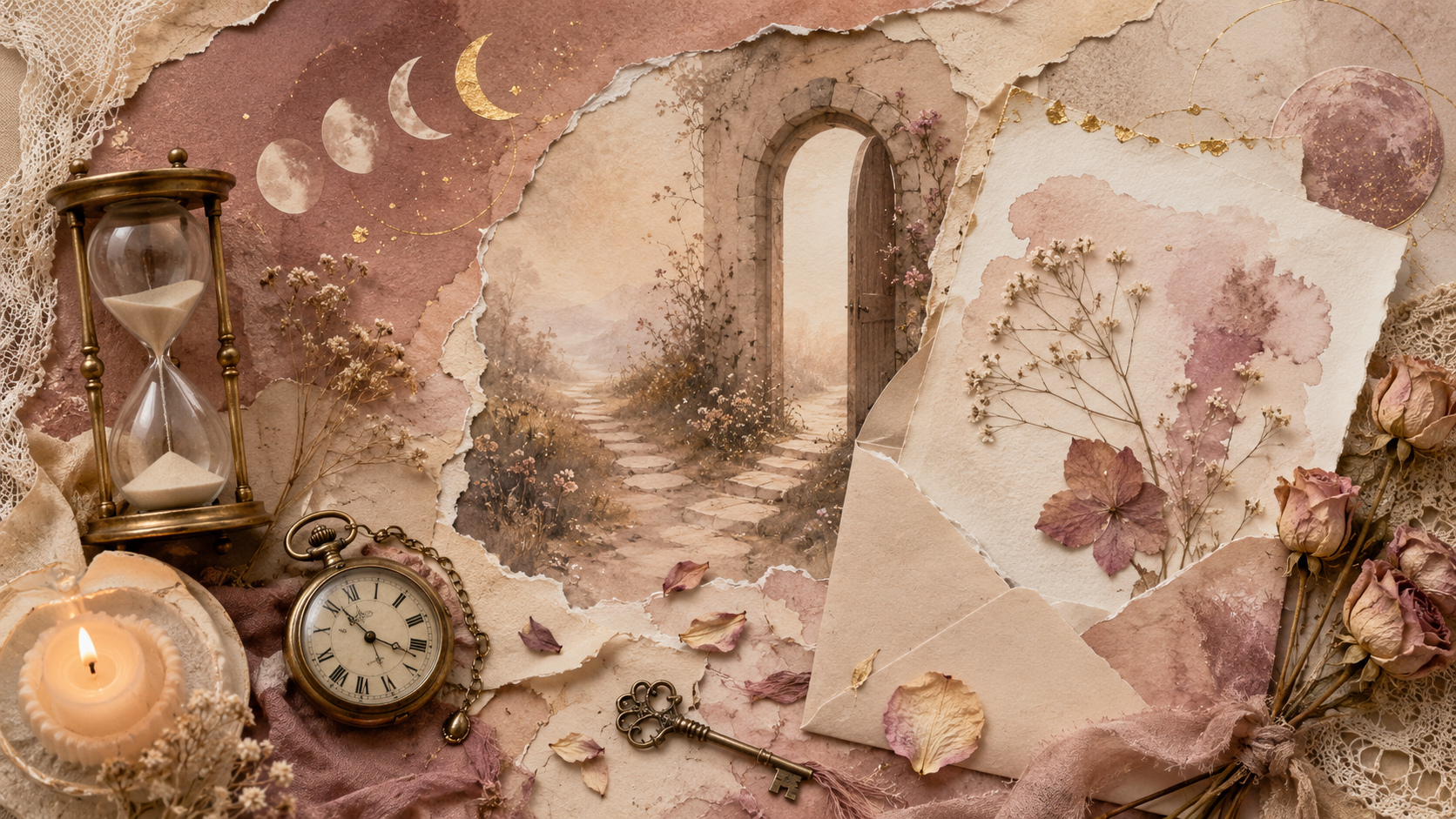 Illustration scrapbooking premium avec sablier, montre ancienne, bougie, lune, cartes, fleurs séchées, dentelle et papiers déchirés, évoquant une fin de cycle subtile encore difficile à identifier.