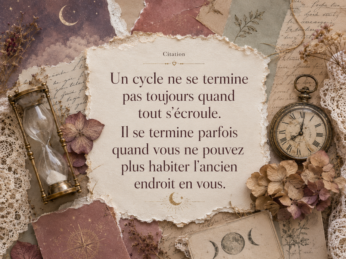 Citation visuelle en style scrapbooking : « Un cycle ne se termine pas toujours quand tout s’écroule. Il se termine parfois quand vous ne pouvez plus habiter l’ancien endroit en vous », avec sablier, montre ancienne, fleurs séchées et lumière douce.