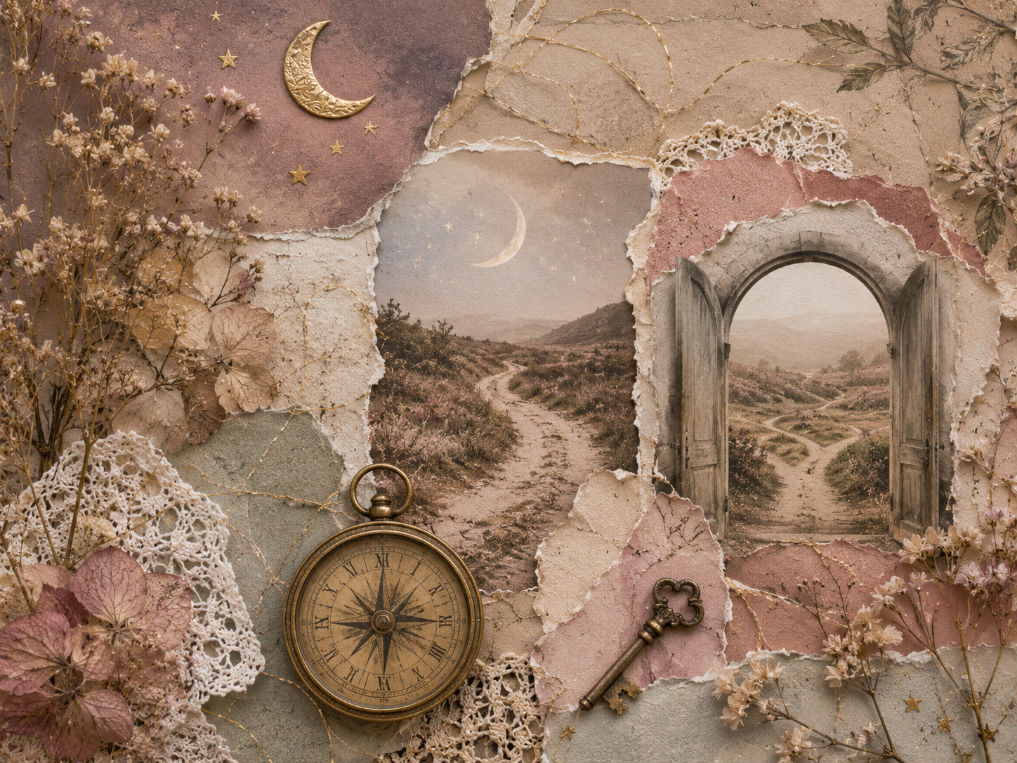 Illustration scrapbooking sans texte avec chemin ancien, porte ouverte, boussole, clé, lune et fleurs séchées, évoquant le passage entre un ancien cycle et une nouvelle manière d’avancer.
