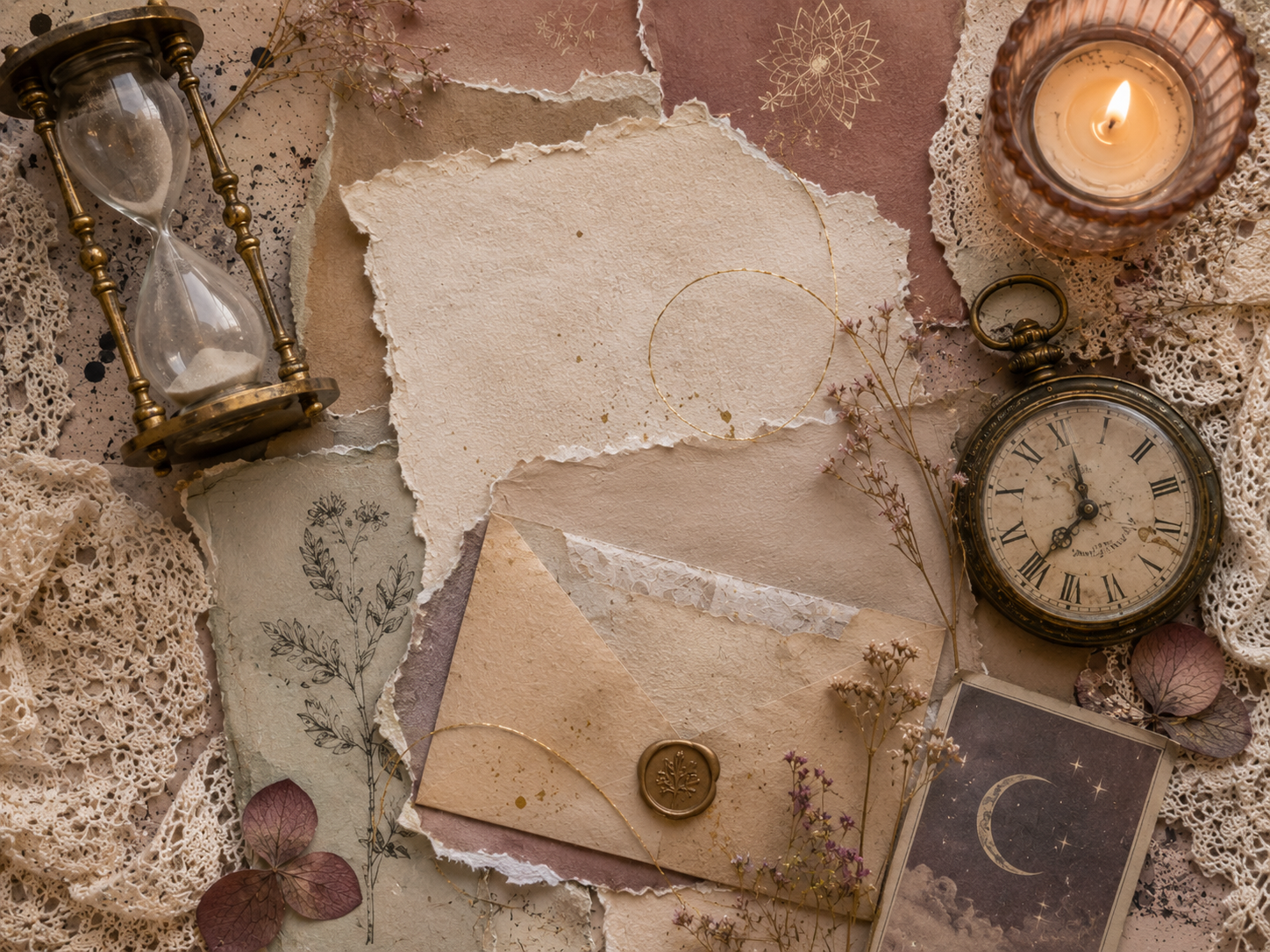 Illustration en style scrapbooking sans texte avec  sablier, clé, montre ancienne, fleurs séchées et lumière douce.