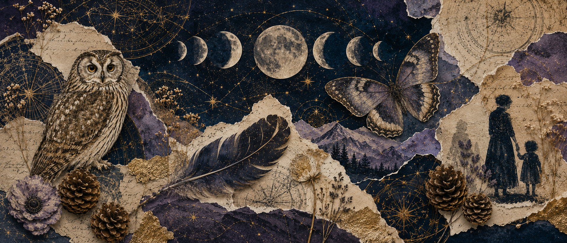 Bandeau scrapbooking mystique avec chouette, plume sombre, papillon, phases lunaires, silhouettes et paysage nocturne, évoquant les cycles de vie, les mémoires et les répétitions qui demandent un nouveau positionnement.