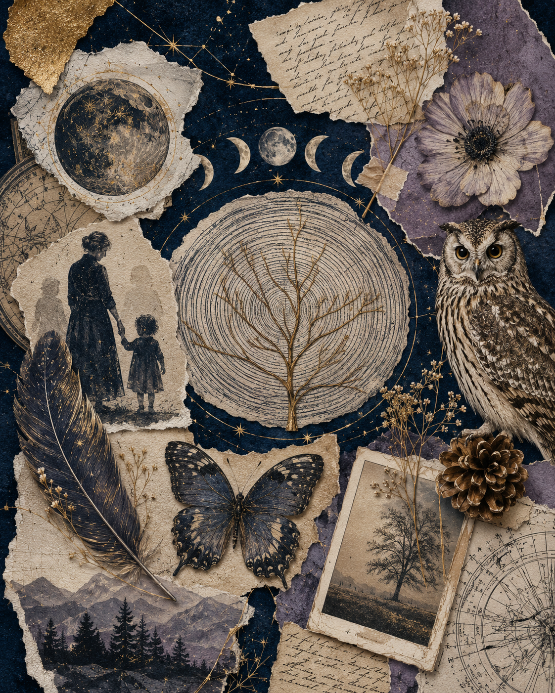 Illustration scrapbooking sans texte avec phases lunaires, tronc d’arbre, silhouettes, plume, papillon et éléments célestes, évoquant les cycles de vie, les répétitions, la mémoire et les trajectoires croisées.