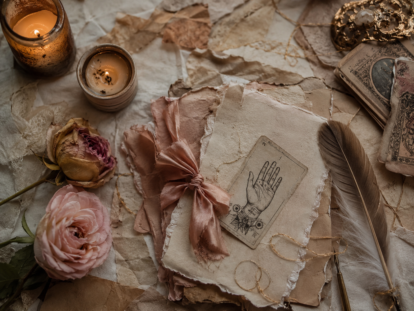 Illustration scrapbooking premium sans texte avec deux bougies, fleur fanée, fleur vivante, ruban noué, papiers anciens et fil doré, évoquant le passage du sacrifice au dévouement et le retour vers sa destinée.