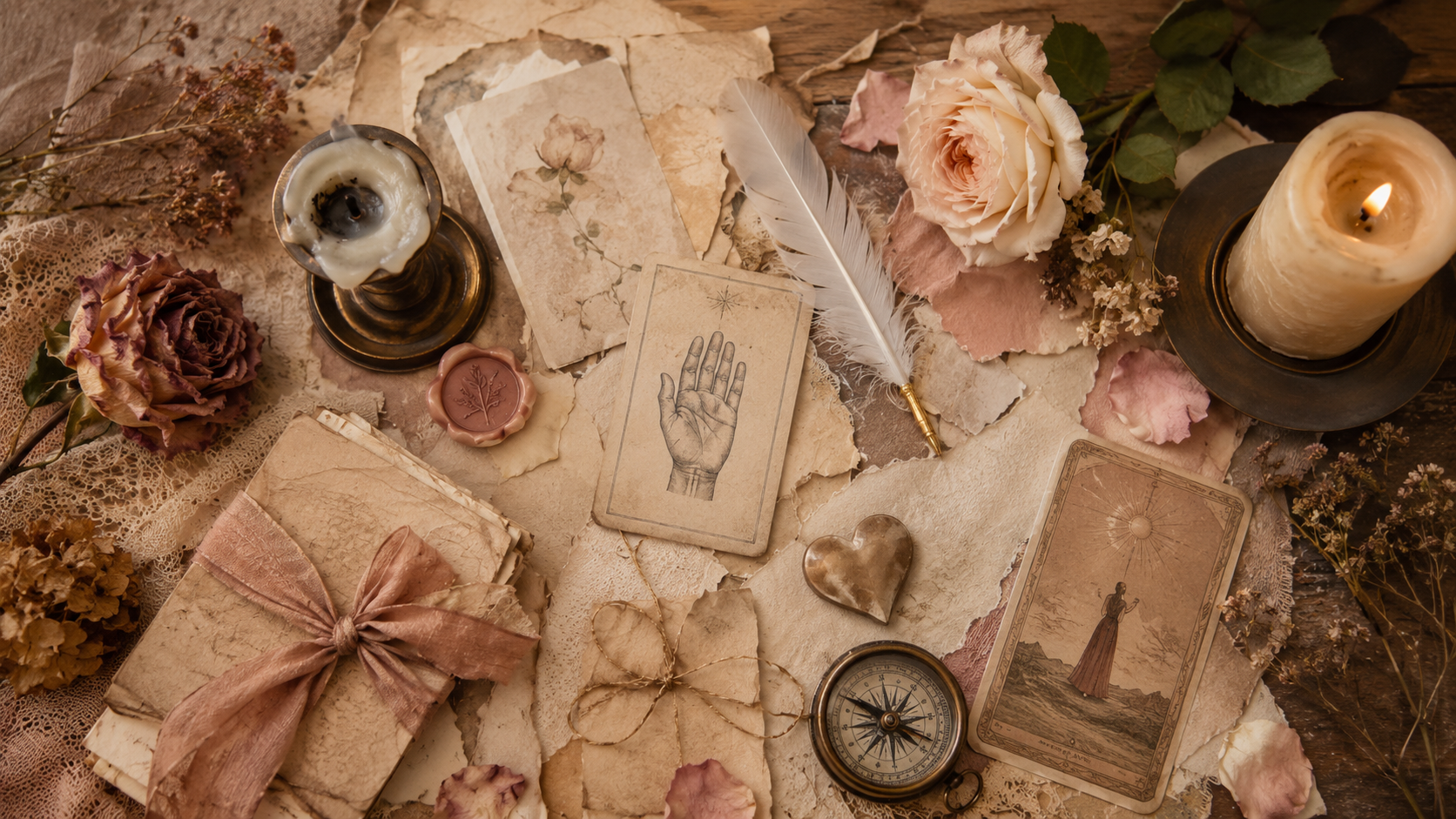 Illustration scrapbooking premium sans texte avec deux bougies, rose fanée, rose vivante, carte de main ouverte, boussole, cœur, plume, ruban noué et carte divinatoire, symbolisant la différence entre un don qui épuise et un don qui retrouve son axe.