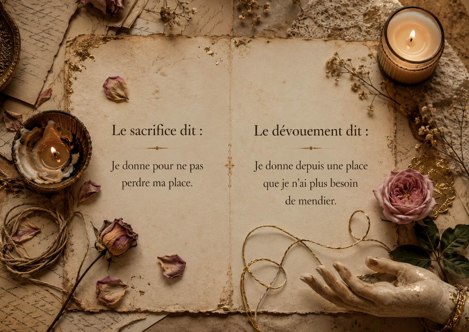 Citation visuelle en style scrapbooking : « Le sacrifice dit : je donne pour ne pas perdre ma place. Le dévouement dit : je donne depuis une place que je n’ai plus besoin de mendier », avec deux bougies, fil serré, main ouverte et fleurs séchées.