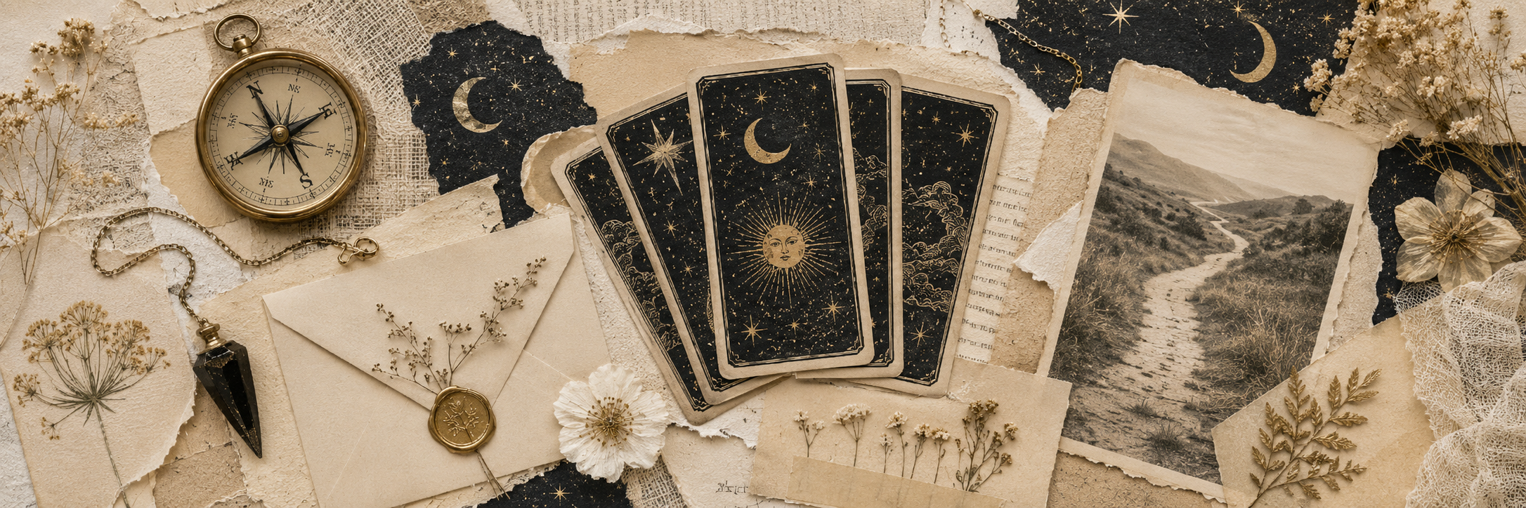 Bandeau scrapbooking premium sans texte avec cartes divinatoires, enveloppe cachetée, boussole, fleurs séchées, lune, étoiles et fragments de papier ancien, symbolisant un état de synchronie et de dialogue avec l’univers.