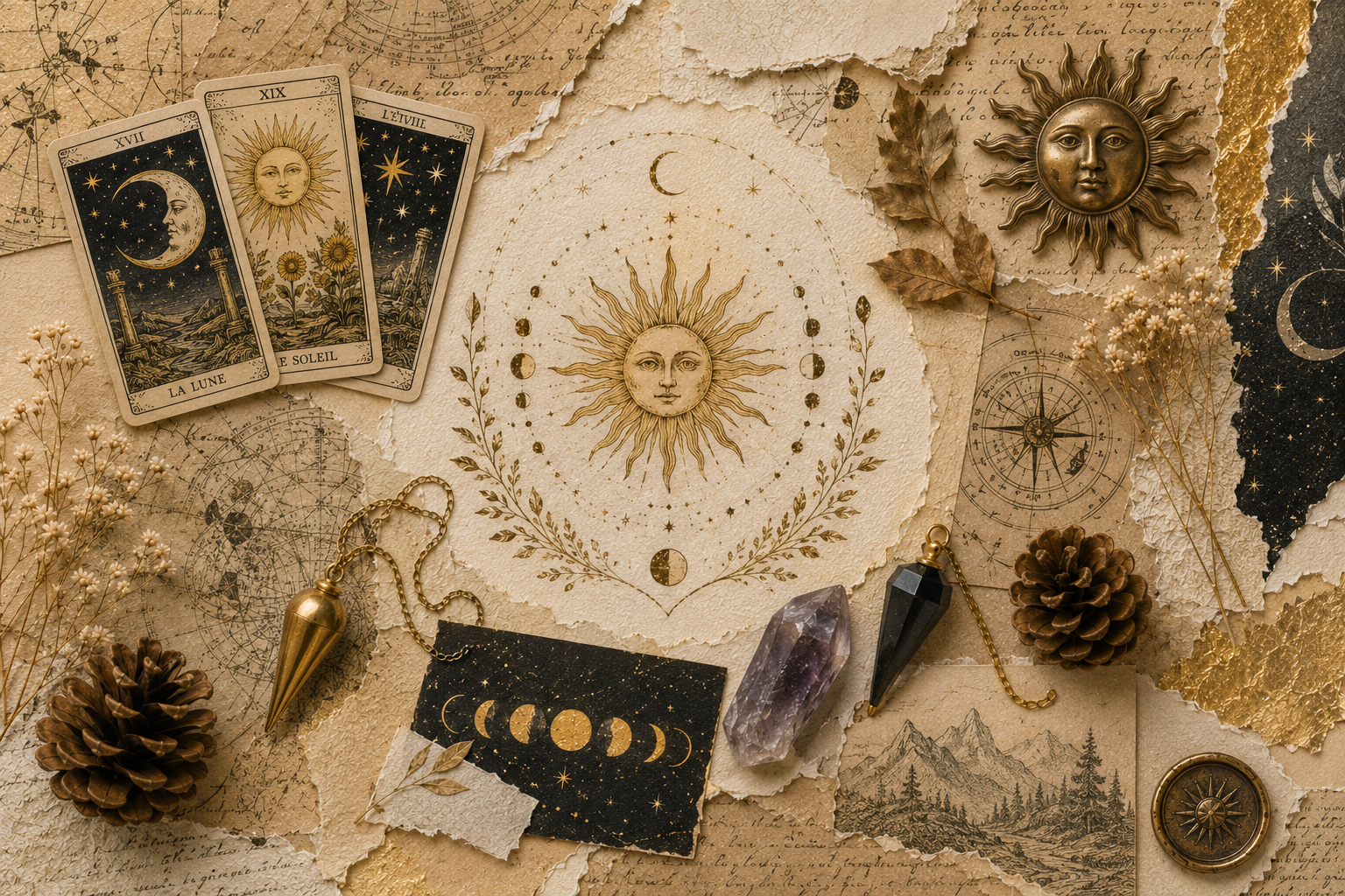 Collage mystique avec miroir ancien, femme en introspection, cartes de tarot, pendule, soleils, lunes et pommes de pin, évoquant l’écoute intérieure provoquée par un signe.