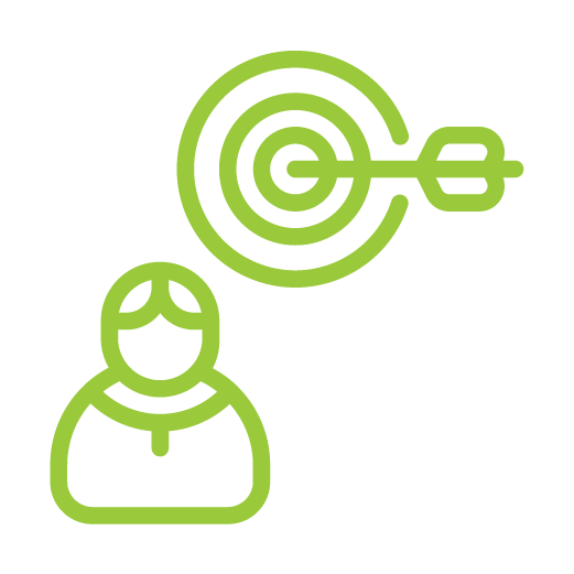 Green line icon of a person with a target and arrow hitting the bullseye above them.
