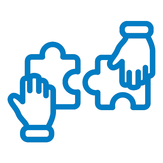 Two blue outlined hands each holding a puzzle piece about to connect them.