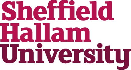 Sheffield Hallam University logo text in bold red and maroon colors.