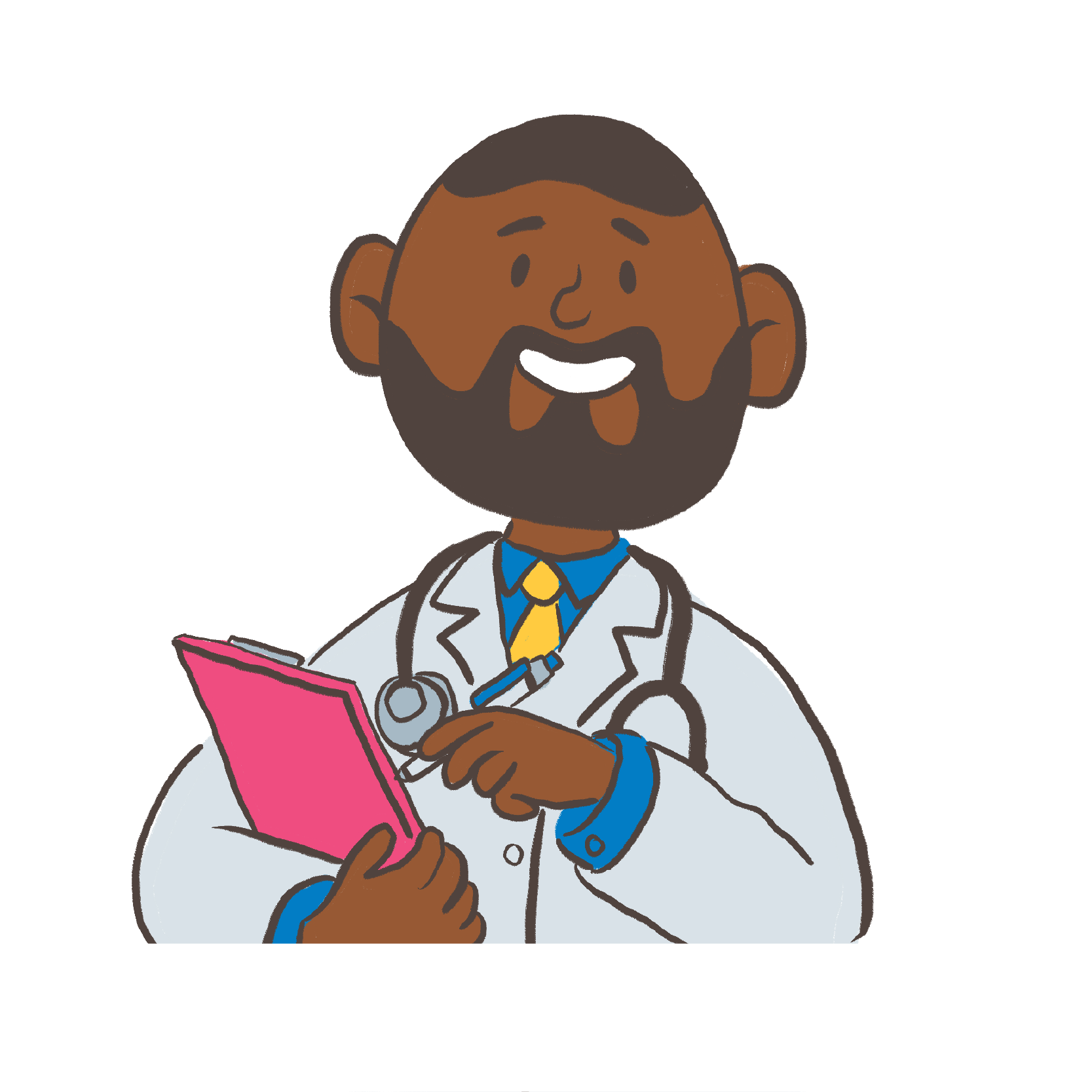 Smiling male doctor with a beard wearing a white coat and stethoscope, holding a pink clipboard and pen.