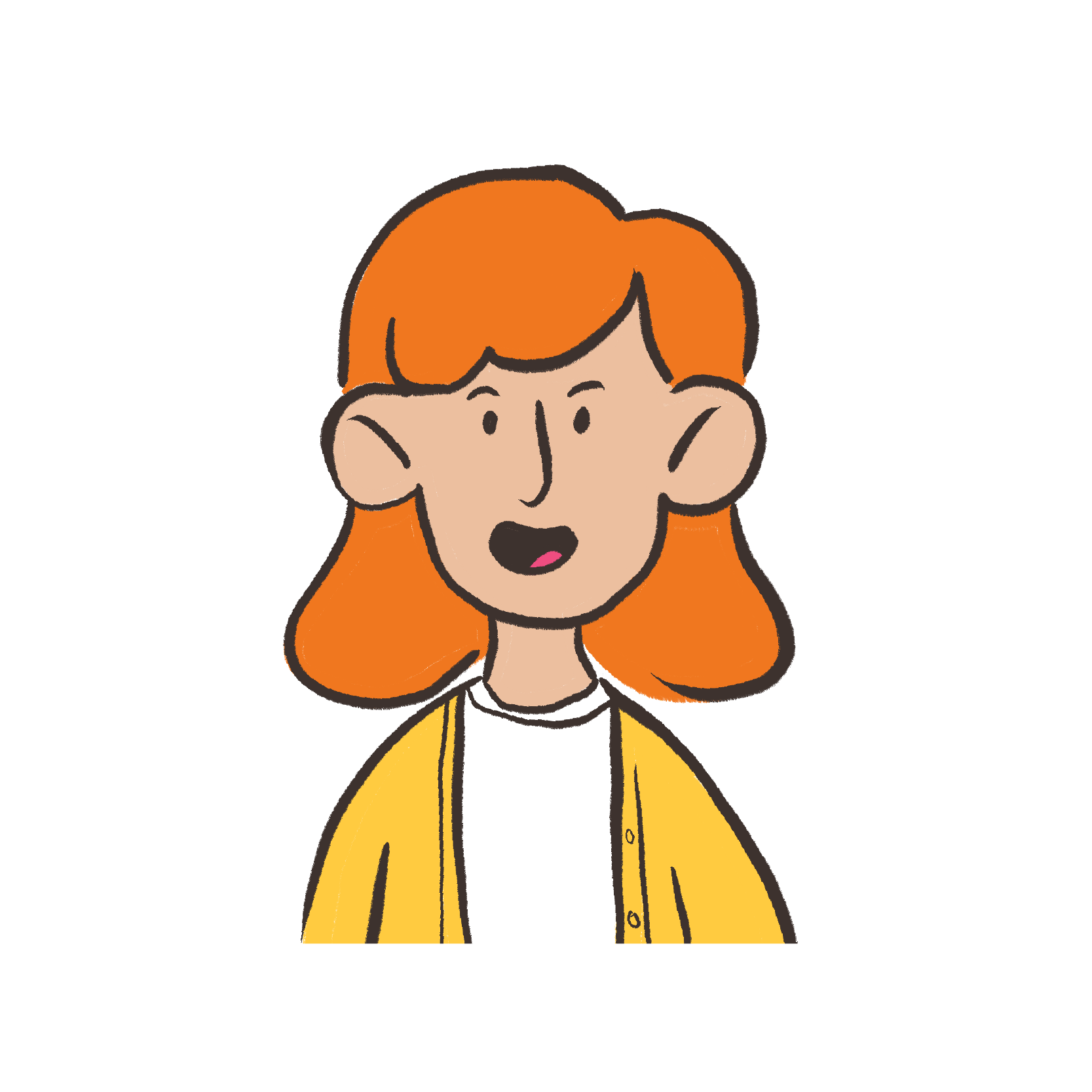 Cartoon woman with orange hair wearing a yellow cardigan and white shirt, speaking with mouth slightly open.