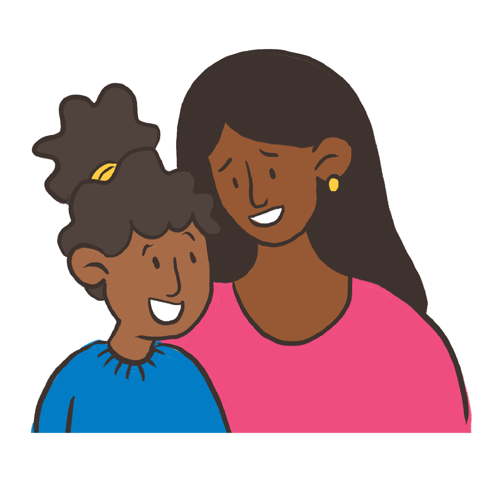 Illustration of a smiling woman with long hair and gold earrings embracing a smiling child with curly hair in a blue sweater.