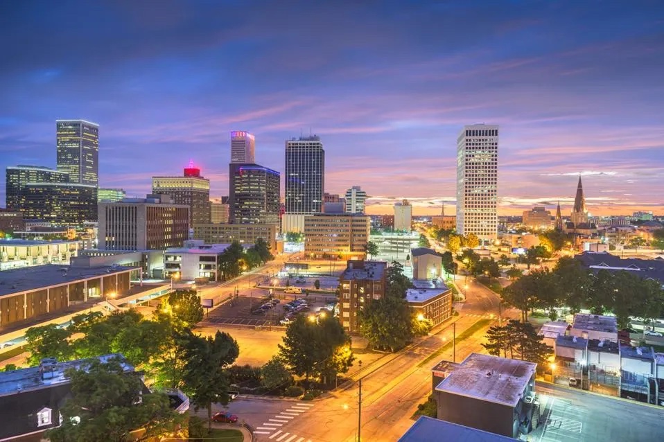 The University of Tulsa's campus at twilight.
